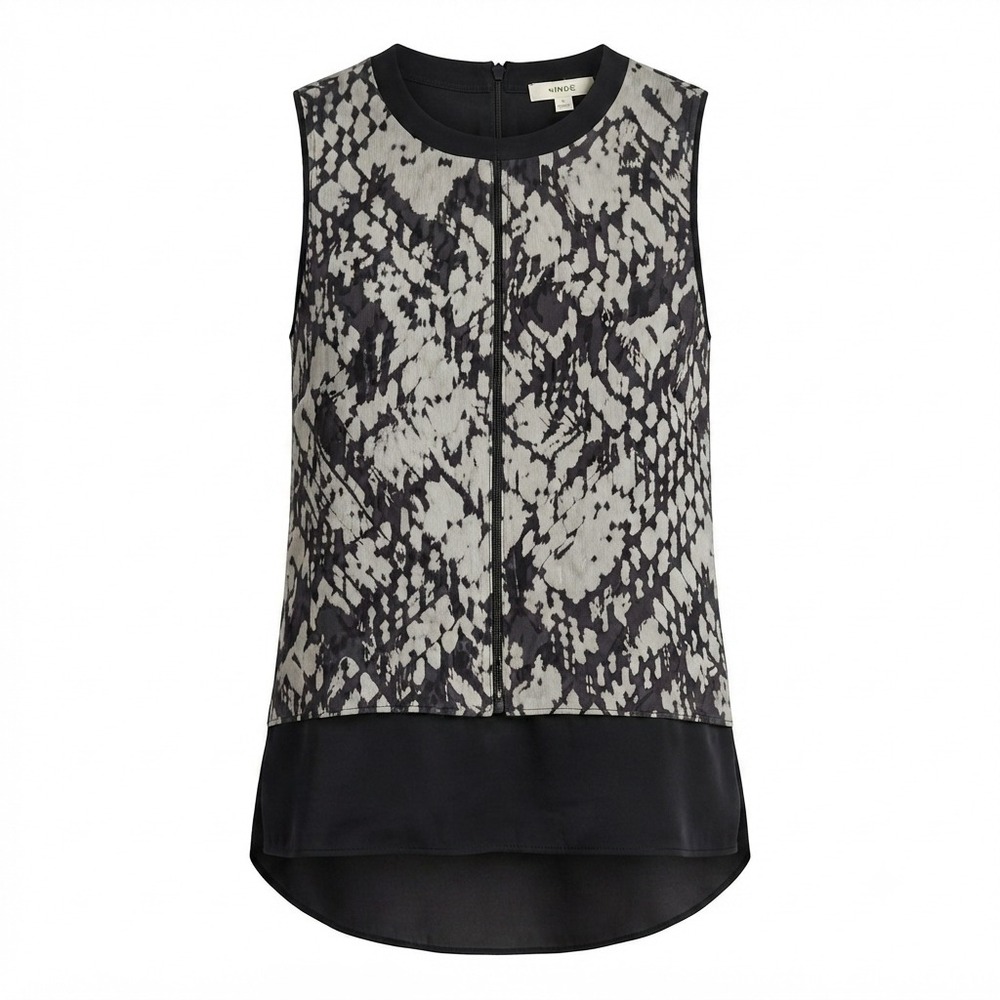 Vince Womens Silk Snakeskin Print Sleeveless Top Black Cream Back Zip Blouse S‎